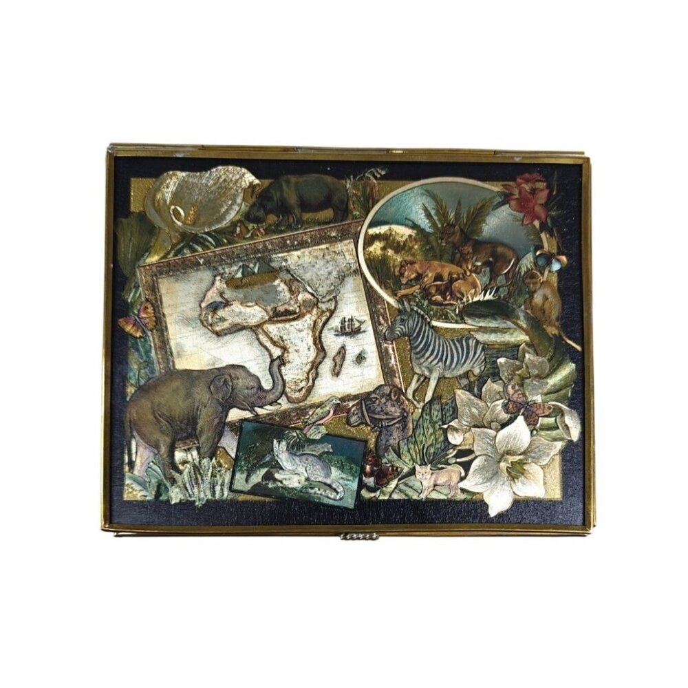 Vintage Enesco Thomas Cathey 1993 Music Box African Wildlife Safari Foil Art